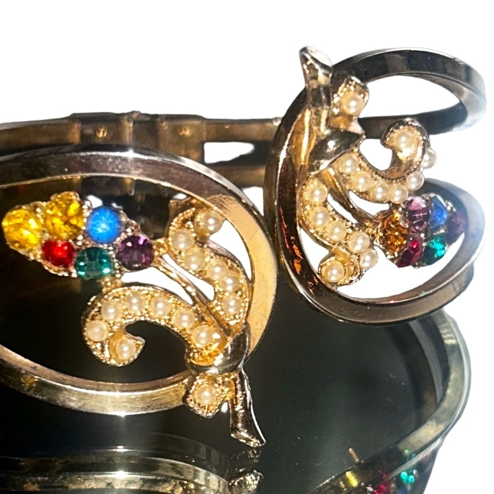 Vintage Oleg Cassini Cuff Bracelet Gold Hinged Multi Color Rhinestones Floral